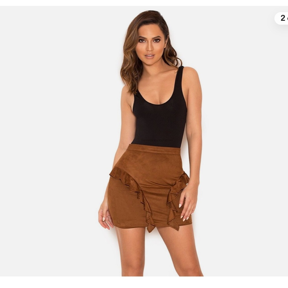 House of CB Suedette 'Laila' Frilled Mini Skirt in Brown Chestnut
